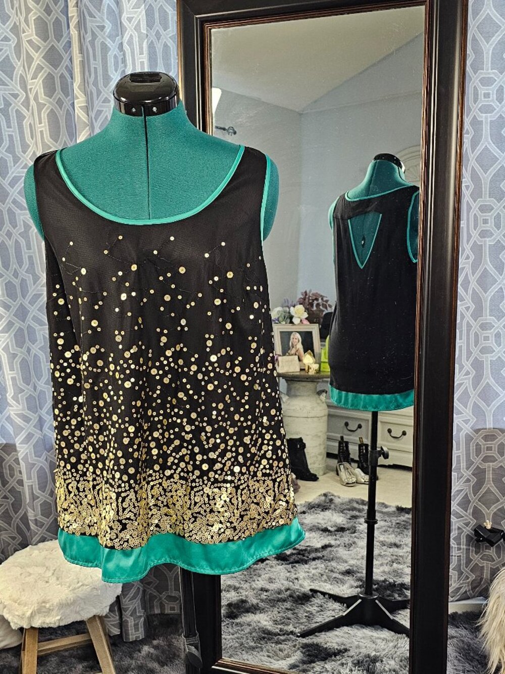 AGB Metallic Gold & Teal Gradient Cutout Back Tank, Evening Cocktail Top, Sz XL
